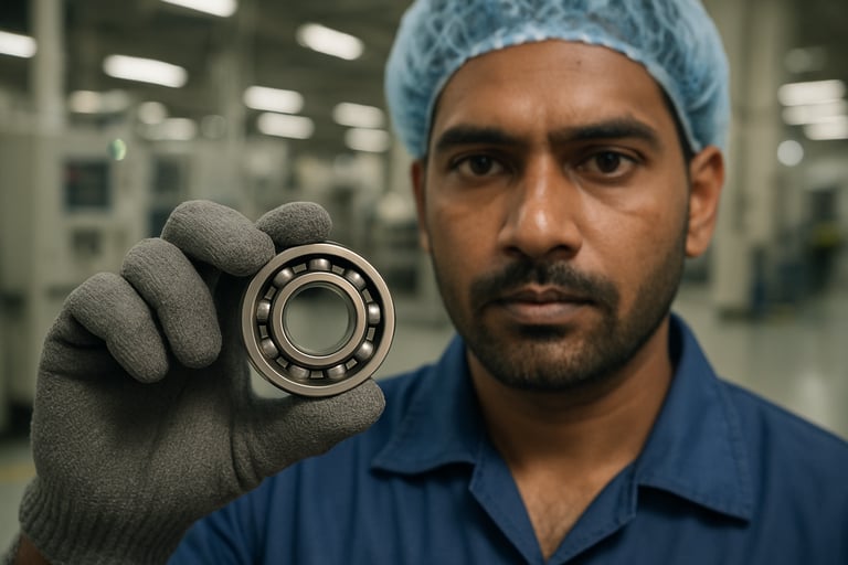 A close-up of a model 6202 ball bearing held by a professional technician in a clean factory setting in South Asian / Indian region. The background shows modern industrial equipment.