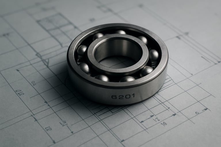 A technical studio shot of a model 6201 ball bearing resting on a technical blue print. Sharp focus on the smooth metallic texture and engraved model numbers. Professional lighting.