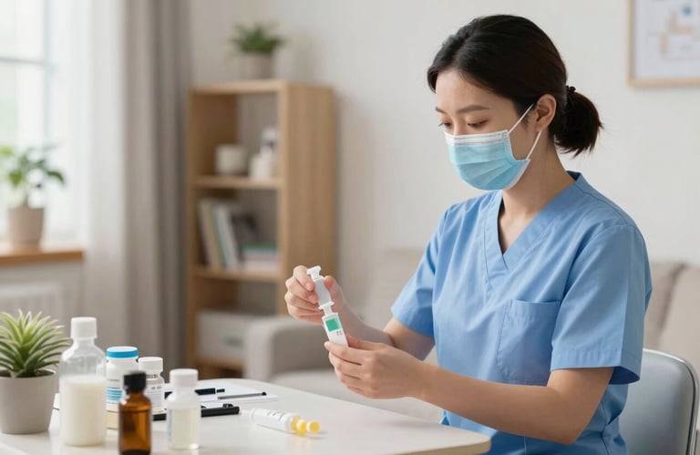A professional nurse preparing medication in a bright, organized North American home setting, emphasizing clinical precision and safety.