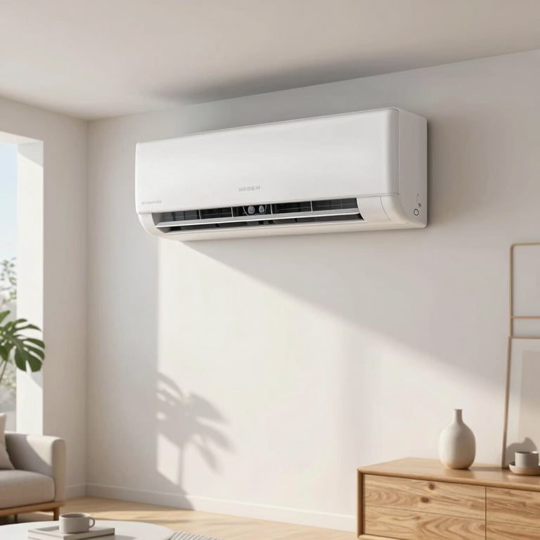 A modern, energy-efficient air conditioning unit installed high on a white wall in a sunlit living room with minimalist European furniture and light wood accents.