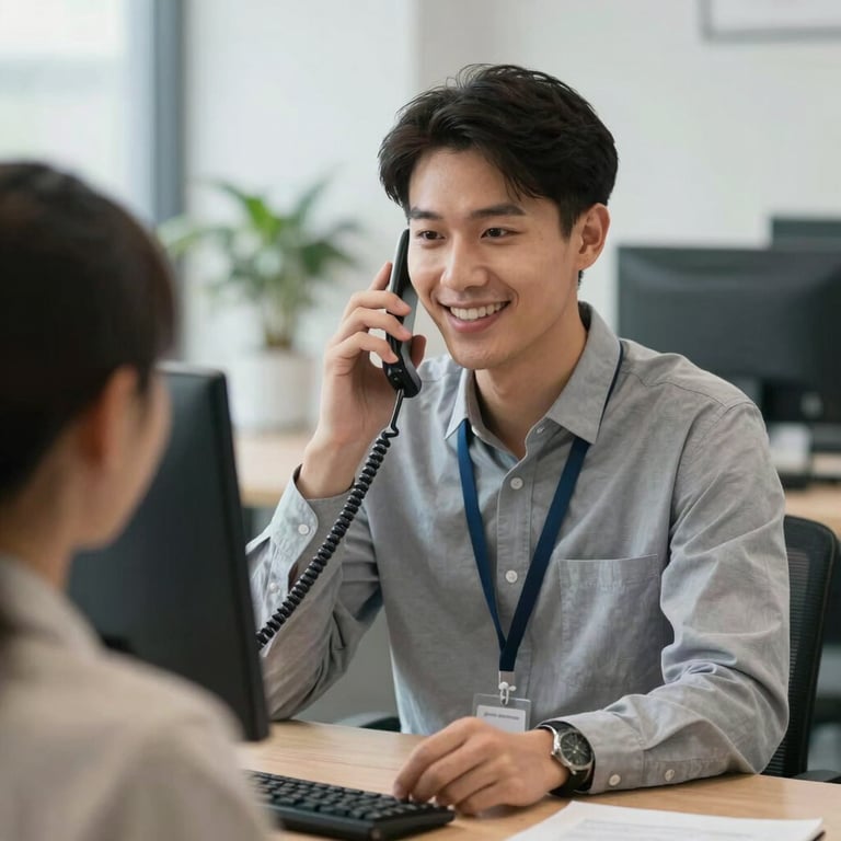 A smiling office professional taking a business call on a desk phone in a modern workspace.