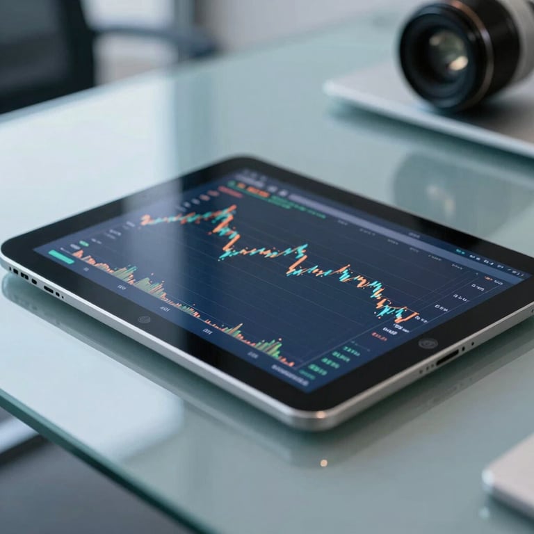 A macro photograph of a sleek, professional digital tablet showing financial indicators, resting on a clean glass surface in a modern North American office with blue lighting.