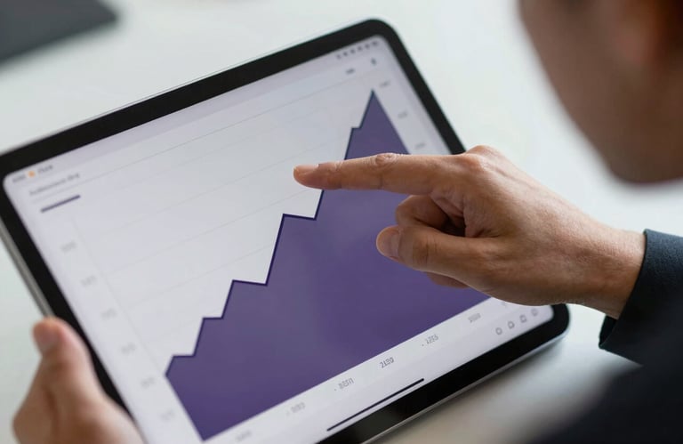 A focused Latin American / Spanish-speaking professional pointing at a clean digital interface on a tablet, showing financial growth charts in shades of purple and black.