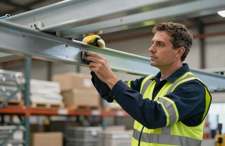 A professional cleaning specialist wearing high-visibility gear inspecting a structural beam in a North American / US warehouse. Professional and meticulous style.