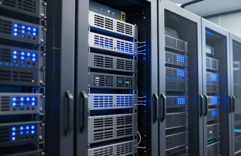 A high-tech server room with glowing blue lights and silver metallic finishes. The composition is professional and clean, highlighting reliability and modern North American / US infrastructure.