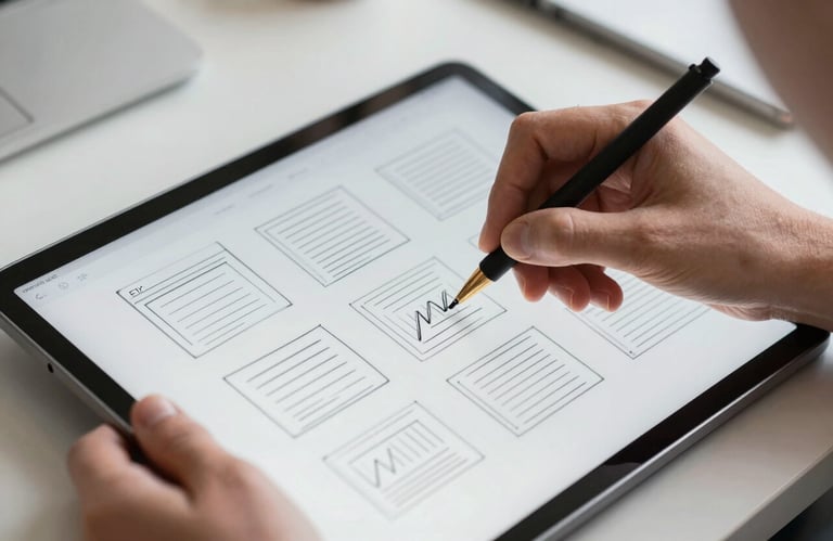 A close-up of hands sketching a UI/UX wireframe on a light grey tablet in a professional North American / US creative studio. The lighting is bright and clean.