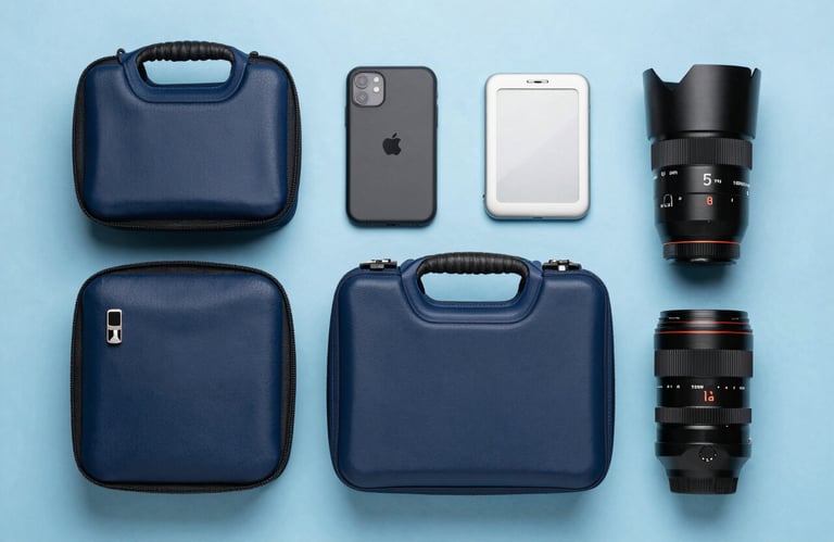 A professional flat-lay photograph of an emergency preparedness kit with modern equipment, organized neatly, navy blue and light sky blue color palette, professional lighting.