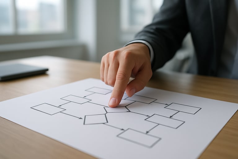 A professional hand pointing at a clear, printed flow chart of financial standard operating procedures in a bright North American office.
