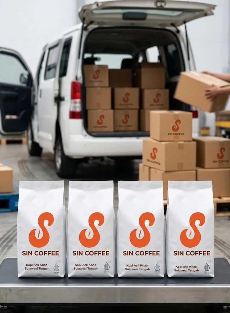Proses pengiriman biji kopi terbaik Sin Coffeeshop Palu menuju outlet-outlet mitra di pelosok Sulawesi Tengah