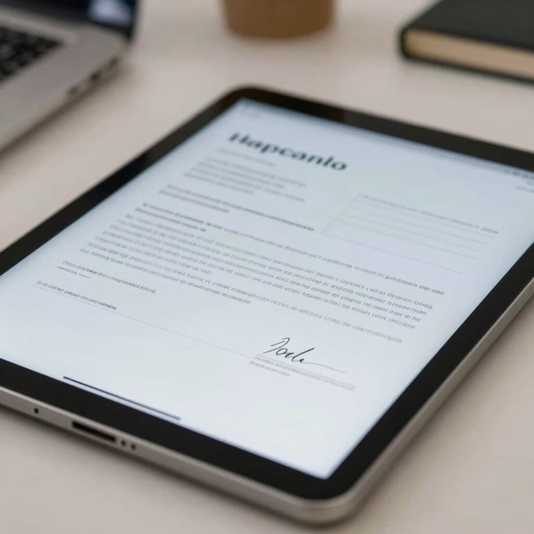 Close-up of a digital tablet displaying an electronic signature field on a legal form, resting on a clean office desk in a South Asian / Indian setting.