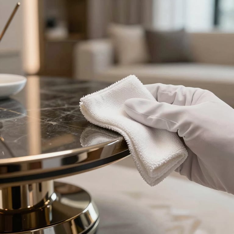 Detail shot of a gloved hand using a micro-fiber cloth to polish a designer metallic fixture in a luxury North American residence.