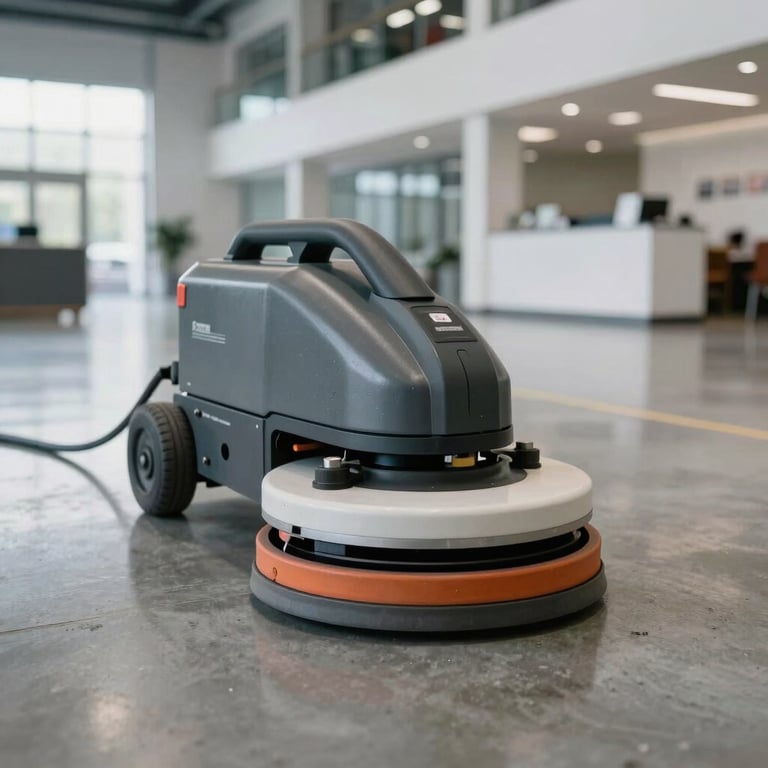 A close-up of a high-tech floor buffer on a pristine polished concrete floor in a modern North American industrial facility lobby.