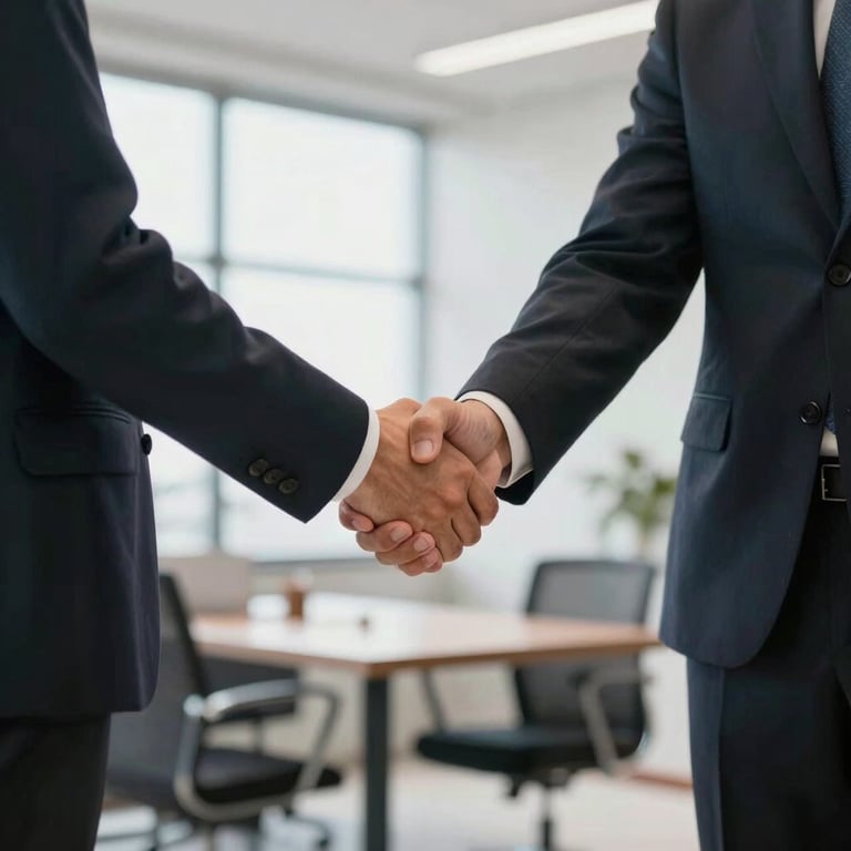 A professional handshake between two individuals in business attire within a bright, contemporary Brazilian office setting, representing agreement, trust, and professional service.
