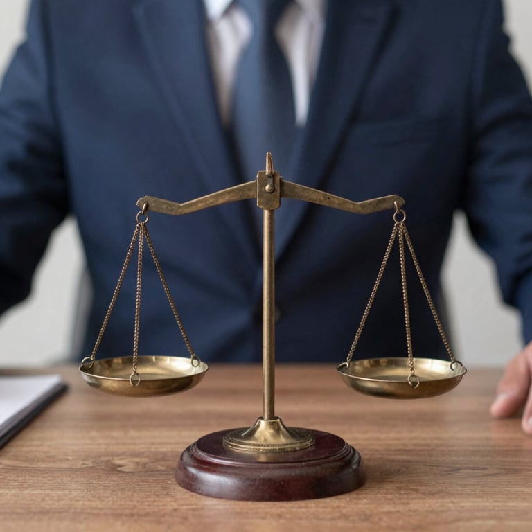 A close-up photograph of the Scales of Justice on a wooden desk with a navy blue and white blurred background, symbolizing legal balance and professionalism. South American / Brazilian context.