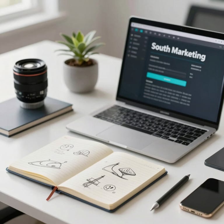 An organized desk with professional digital marketing tools, a notepad with sketches, and a stylus, in a bright South American office setting.
