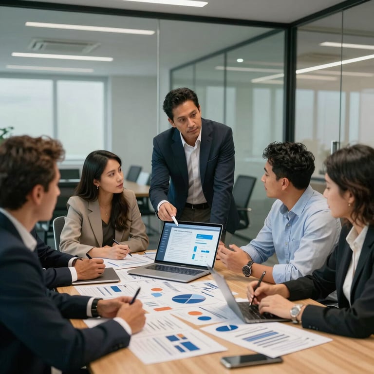 A diverse team of South American professionals in a glass-walled conference room collaborating on a digital marketing strategy storyboard.