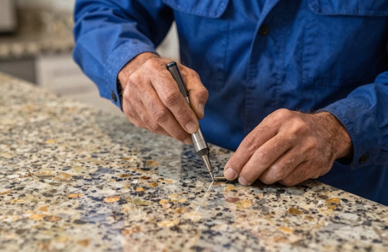 A close-up shot of a surface repair specialist using precise tools to fix a granite countertop in a North American / US kitchen, wearing a steel blue uniform, high-quality professional restoration work.