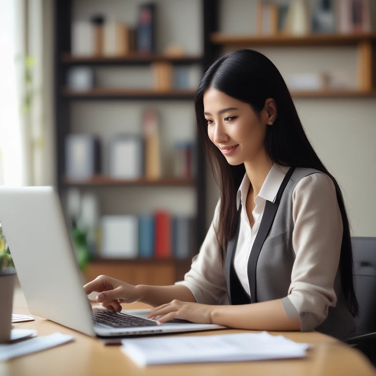 A friendly professional assisting a client at a modern office desk, surrounded by documents and a laptop.