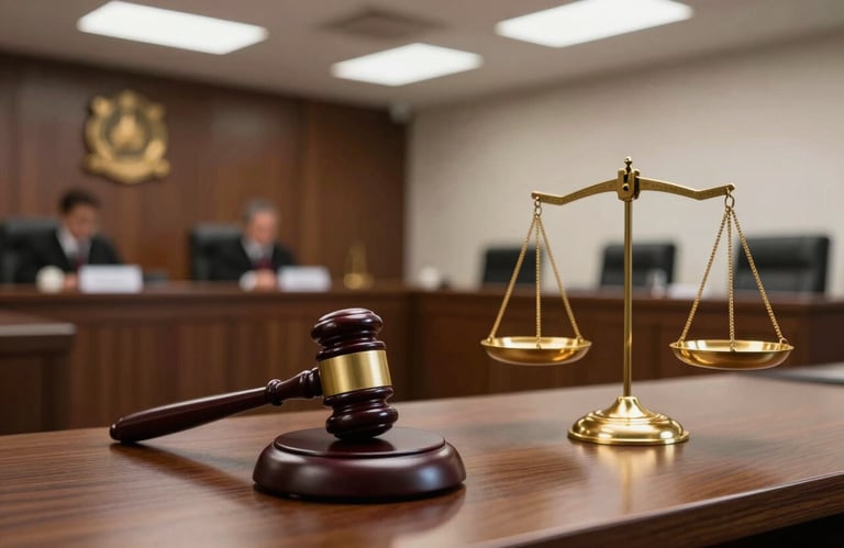 Interior of a modern South American courtroom, focused on a judge's gavel and golden balance scales on a dark wood surface, authoritative and solemn atmosphere.