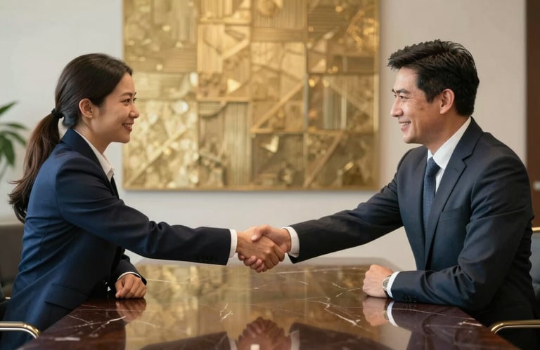 Two South American professionals in formal business attire shaking hands firmly over a dark marble table in a luxury boardroom, gold accents.