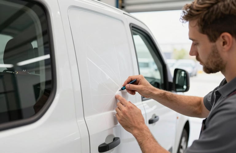 Professional technician in Western European / French context carefully applying a vinyl graphic advertisement to the side of a white company van in a bright garage.