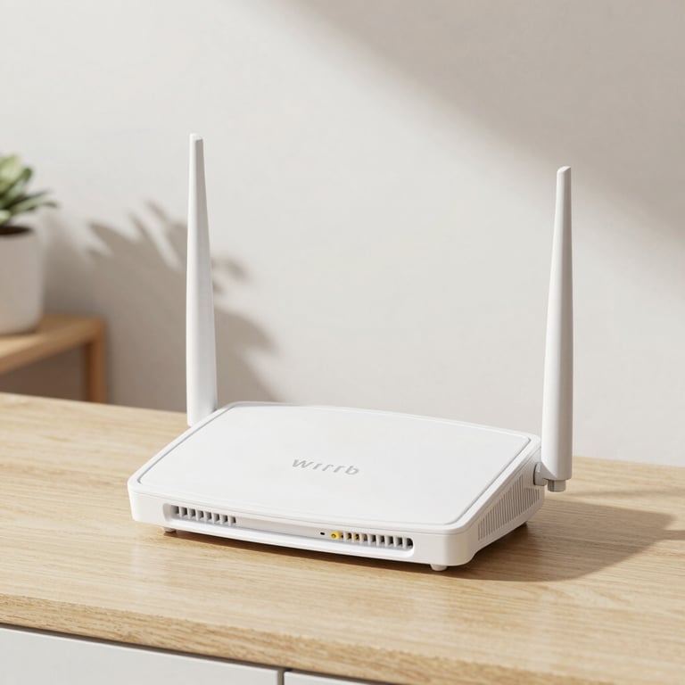 Home networking setup with router and connected devices in a cozy living room.