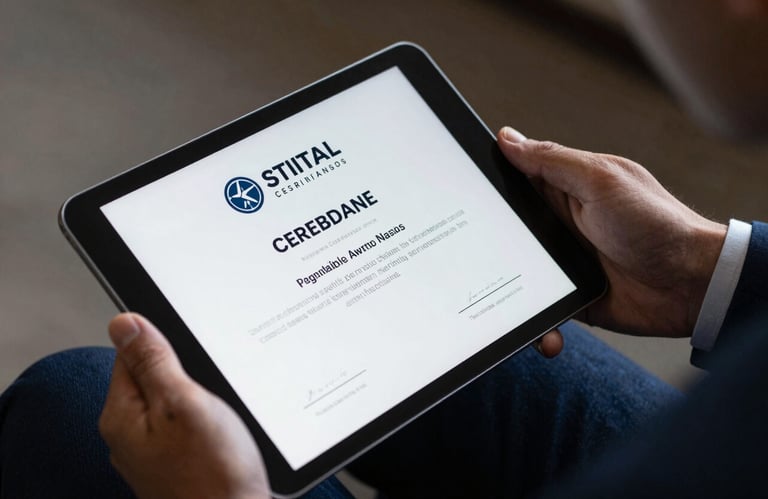 A focused shot of a professional digital certificate on a tablet screen, held by hands in a business suit. Colors include Deep Navy and Mist White.
