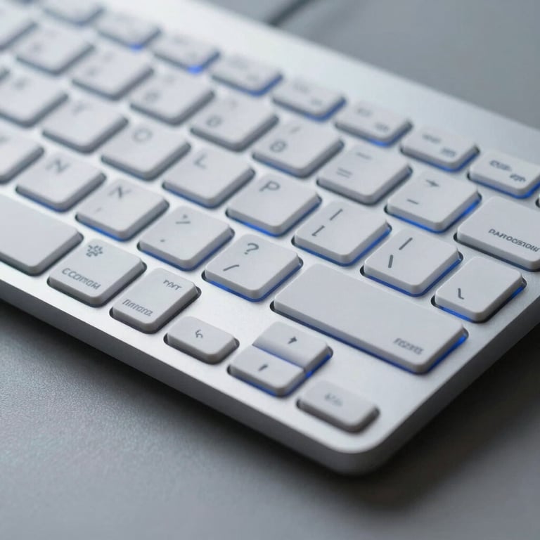 A macro shot of a sleek, silver computer keyboard with soft blue LED lighting. The style is professional and minimalist, set in a clean US-based tech environment.