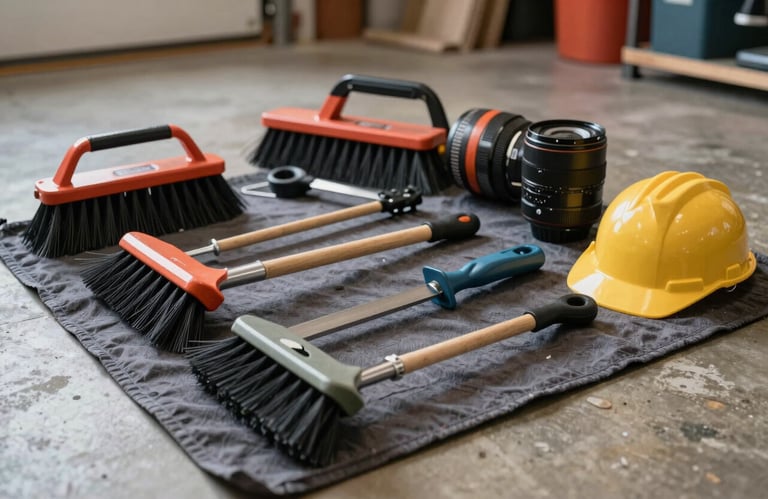 A set of professional chimney cleaning brushes and safety equipment organized neatly on a dark gray drop cloth in a North American / US home garage.