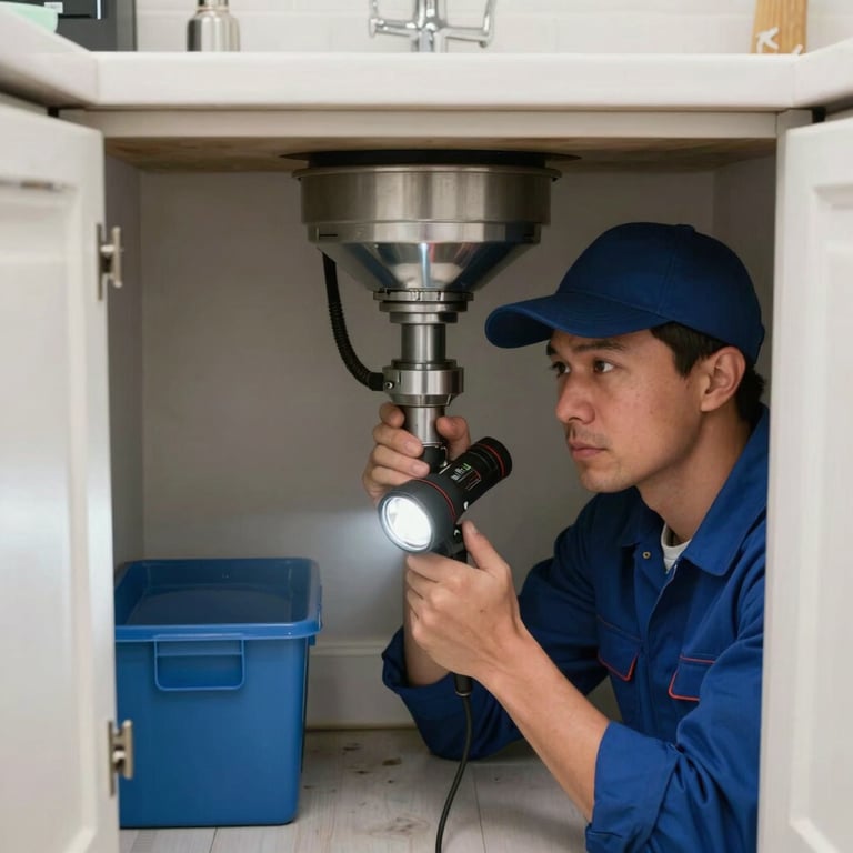 A focused plumber in a blue uniform inspecting a drain under a kitchen counter, using a professional flashlight, North American / US home interior, clean and sharp.