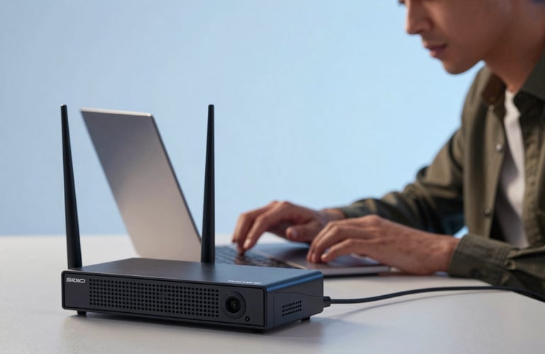 A person focusing on a laptop with a high-speed networking router in the foreground, illuminated by soft sky blue light in a clean workspace.