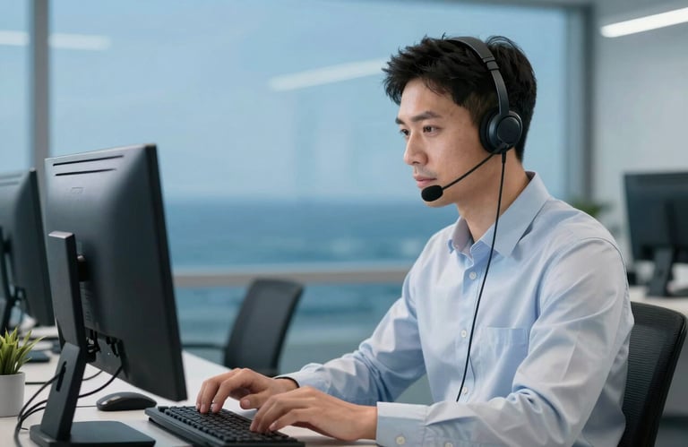 A professional support agent wearing a headset, looking focused while working at a computer in a clean, modern ocean blue office.