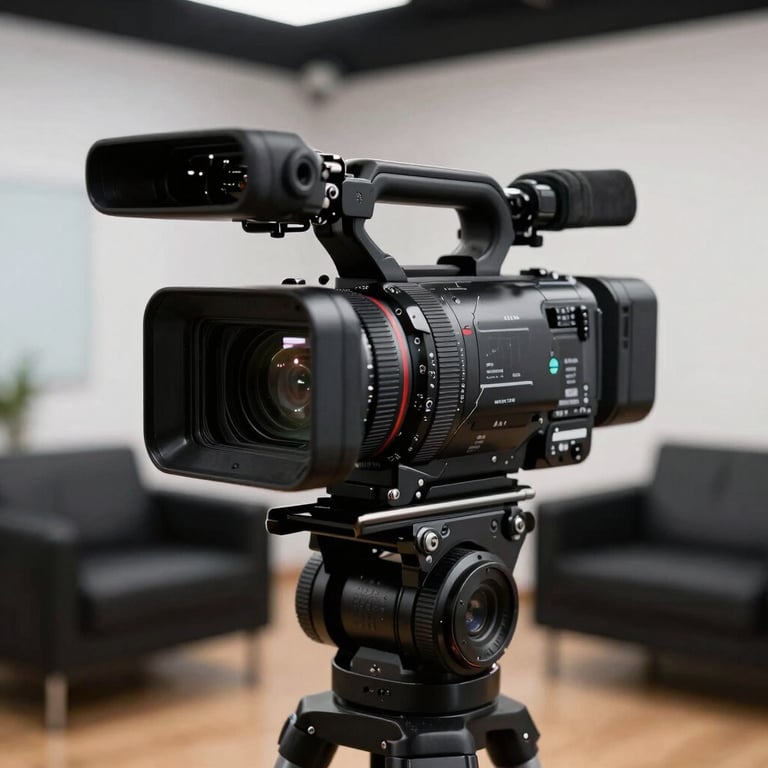 Close-up of a high-end video camera filming a marketing strategy session in a professional studio with Matte Charcoal Black furniture. Latinoamérica / EE.UU.