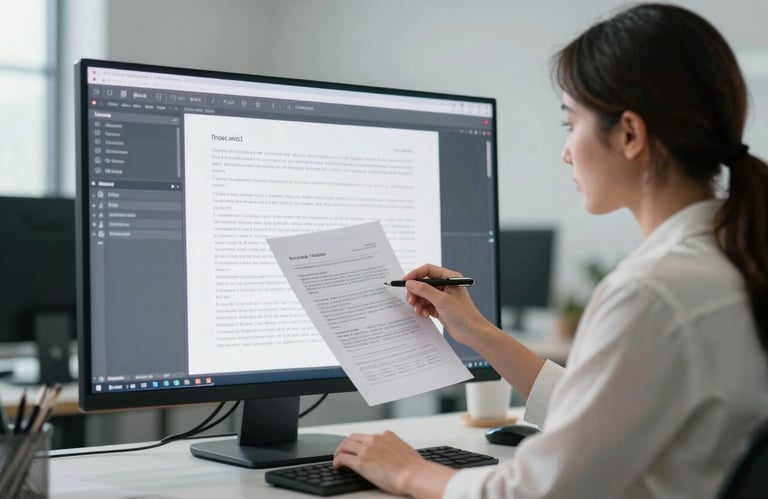 A professional woman reviewing digital documents on a sleek screen, her office decorated with Muted Sage and Arctic White elements.