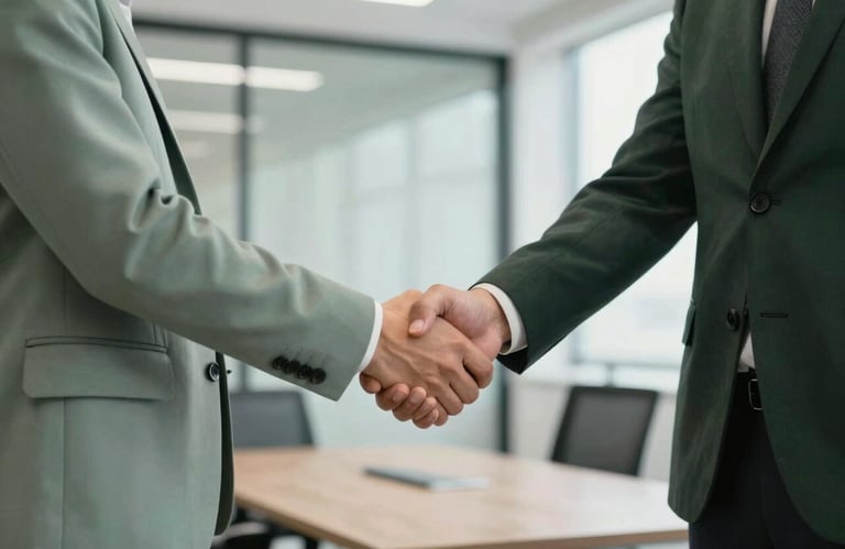 A professional handshake between two business partners in a modern office, with Muted Sage and Dark Forest Green tones in their attire.
