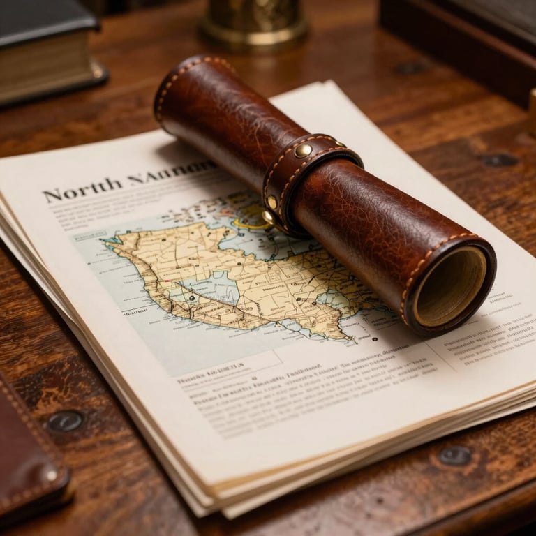 A close-up photography shot of a vintage leather map tube and a stack of legal documents resting on an old wooden table. North American / US office setting with warm, focused lighting that suggests historical depth and professional expertise.