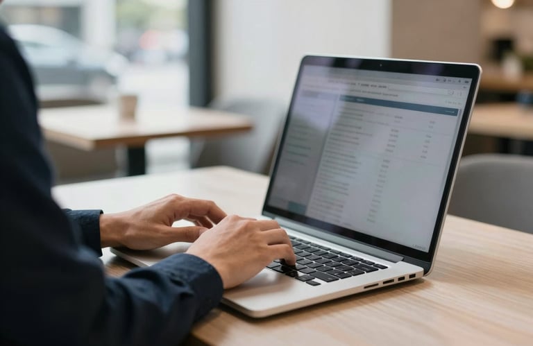 Photography of a person working on a laptop in a modern bright cafe, reflecting the lifestyle of a professional in North America. Soft white and navy blue tones.
