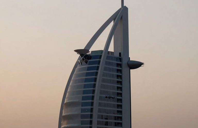 A minimalist, high-end shot of a luxury building silhouette against a soft beige sky, representing the modern architectural landscape of Dubai and the UK.