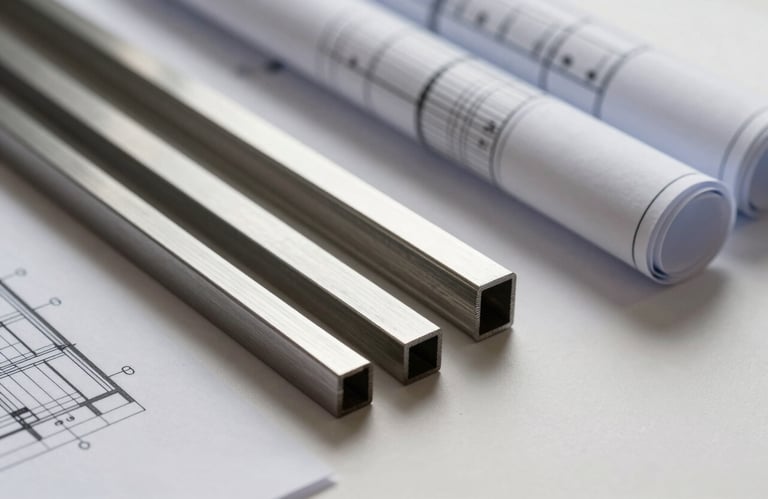 A close-up photograph of architectural blueprints and high-quality building materials like polished steel on a clean Soft Off-white surface, representing expert planning.
