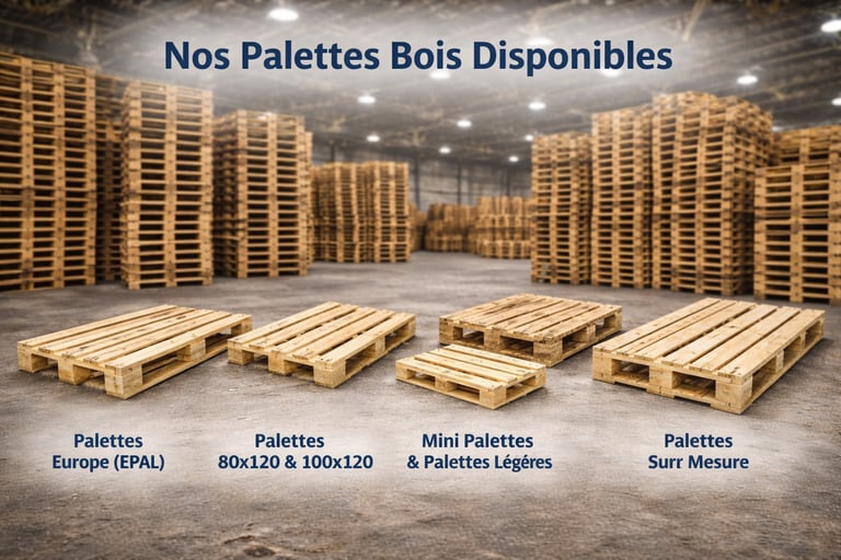 Stock de palettes bois Europe EPAL et sur mesure dans un entrepôt logistique.