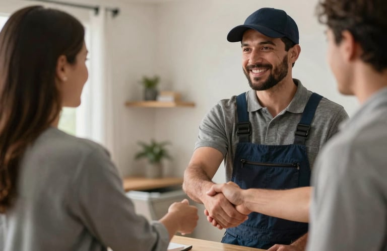 A warm, professional portrait of a service worker shaking hands with a homeowner in a North American setting, emphasizing trust and localized personal service.