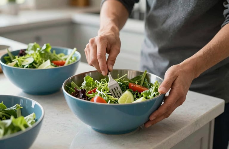 A person preparing a fresh, healthy salad in a brightly lit North American / US kitchen with soft frost surfaces and modern steel blue bowls.