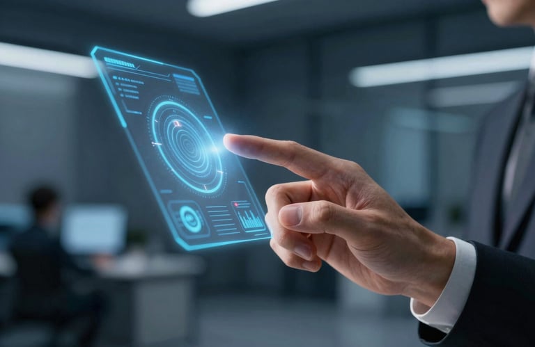 A detail shot of a professional hand interacting with a holographic interface in a sophisticated, dark blue-toned office setting.