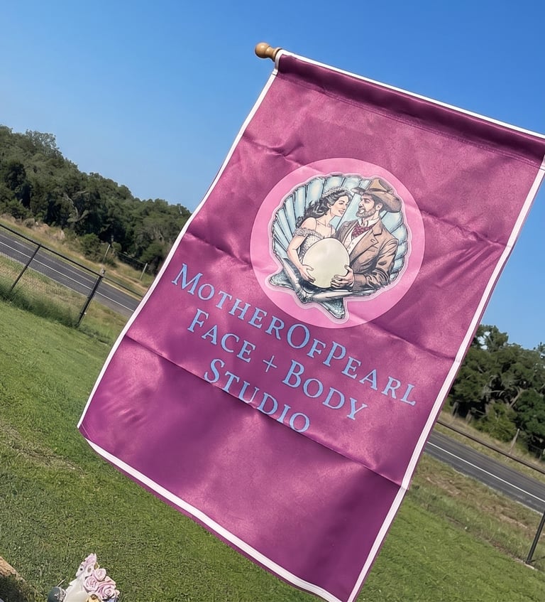 Mother of Pearl Face and Body Studio branded flag in Spring Branch TX