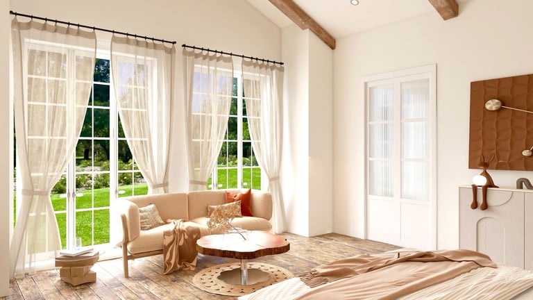 FayNza : Coin salon chaleureux avec canapé en cuir camel et table basse en bois brut racine