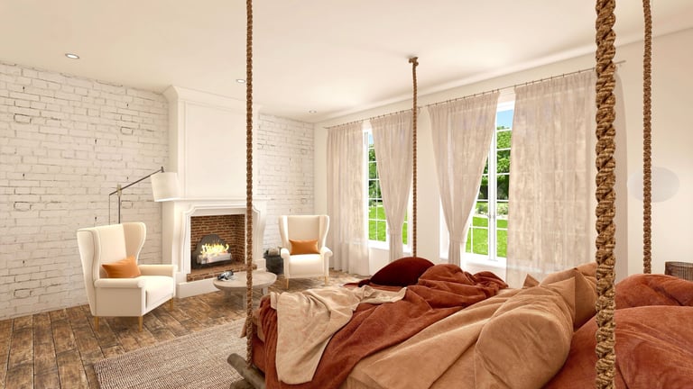 FayNza : Ambiance cocooning avec lit suspendu face à une cheminée en briques blanches