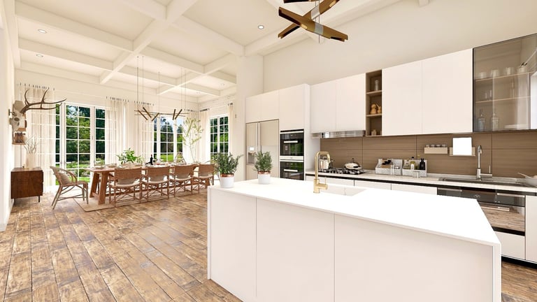 FayNza : Cuisine ouverte blanche et bois avec îlot central et touches de laiton doré