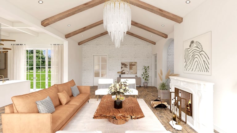 FayNza : Vaste salon lumineux avec canapé camel, cheminée et poutres apparentes, design écoresponsable par FayNza