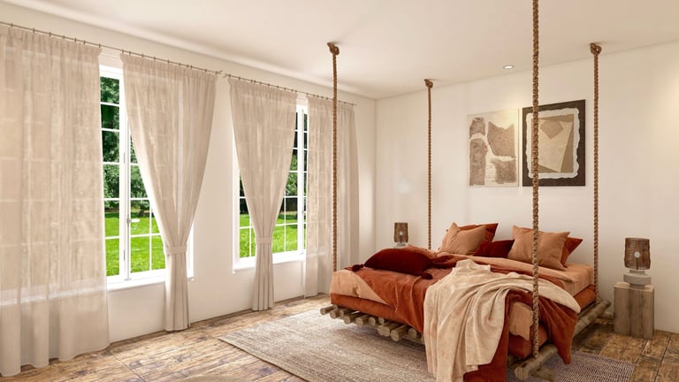 FayNza : Lit suspendu en bois brut avec linge de lit terracotta et lin dans une chambre lumineuse