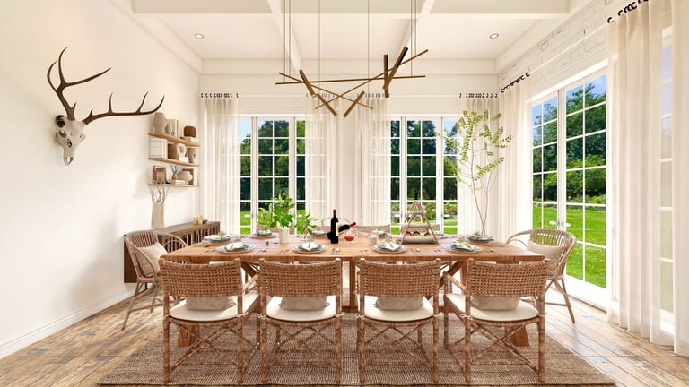 FayNza, Grande salle à manger lumineuse avec table en bois massif et chaises en rotin